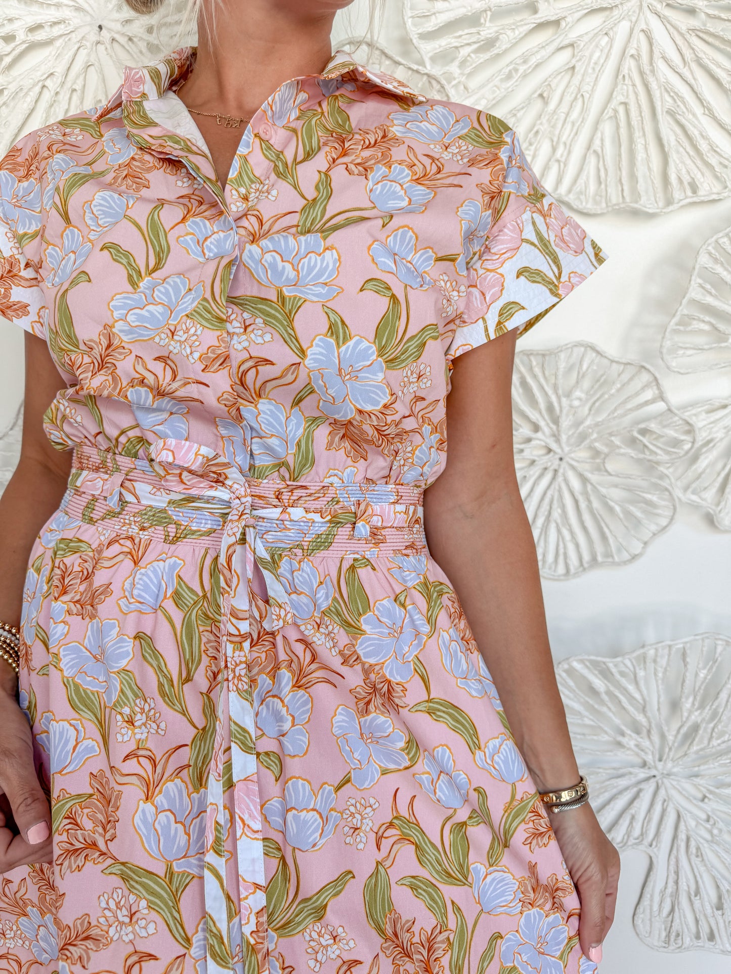 Pink Floral Print Waist Tie MIDI