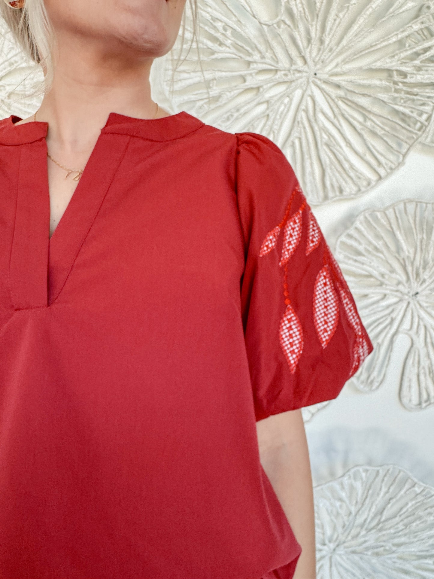 Red Embroidered Sleeve Blouse