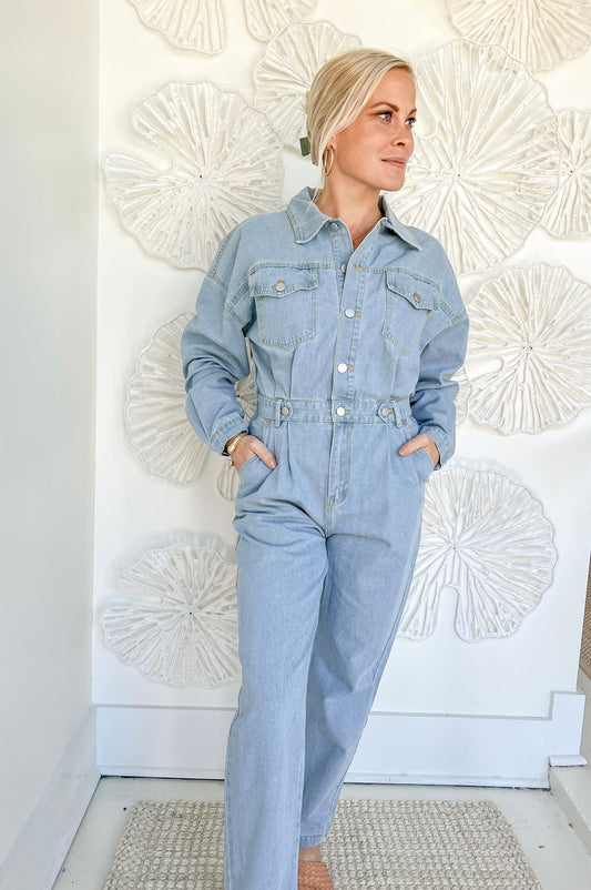 Cinched Waist Denim Jumpsuit