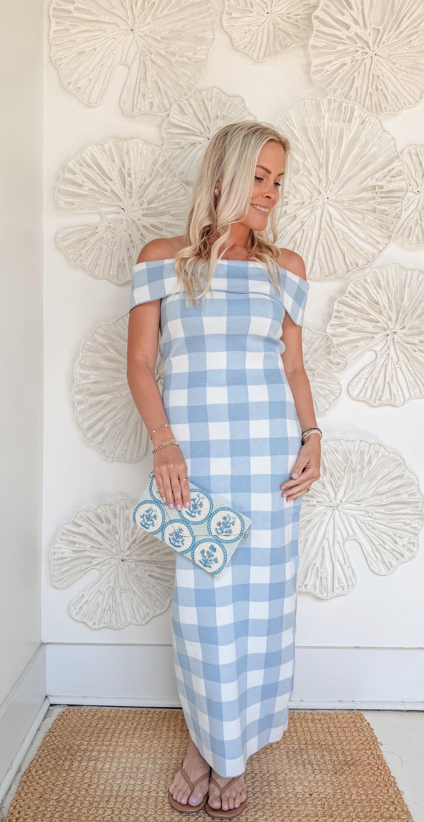 Baby Blue Buffalo Check Off Shoulder Midi