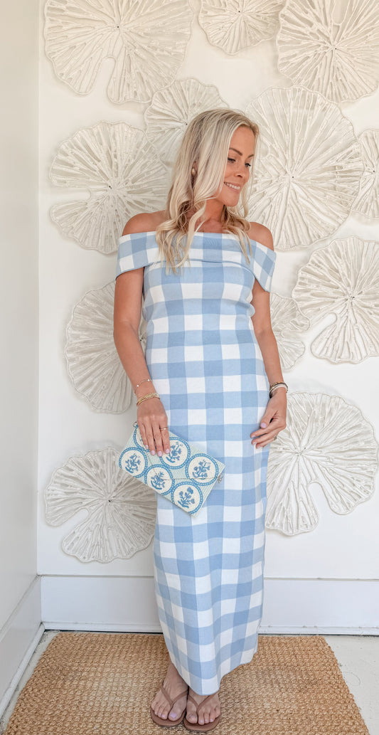 Baby Blue Buffalo Check Off Shoulder Midi