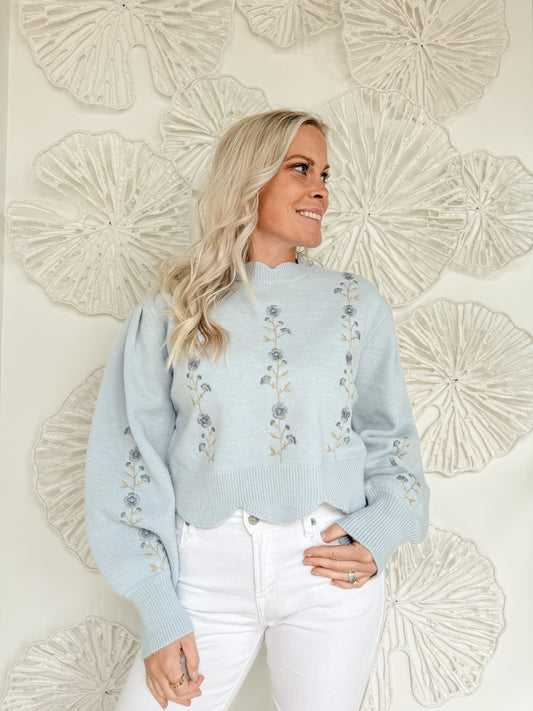 Blue Scalloped Floral Sweater