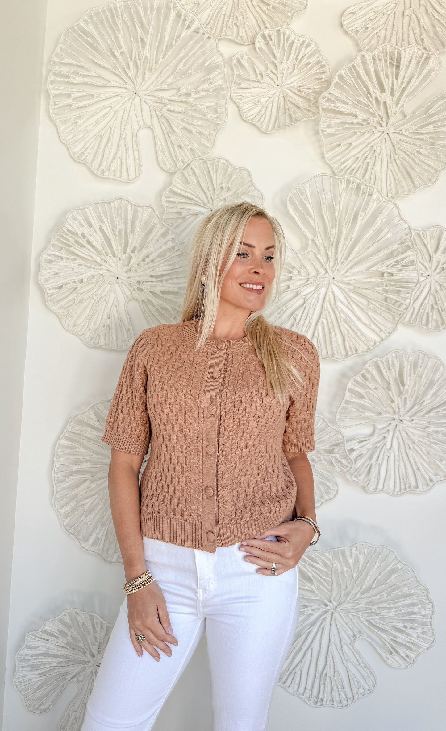 Taupe Knit Button Short Sleeve Sweater