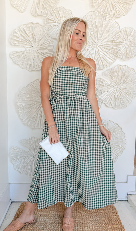 Green Strapless Gingham Midi