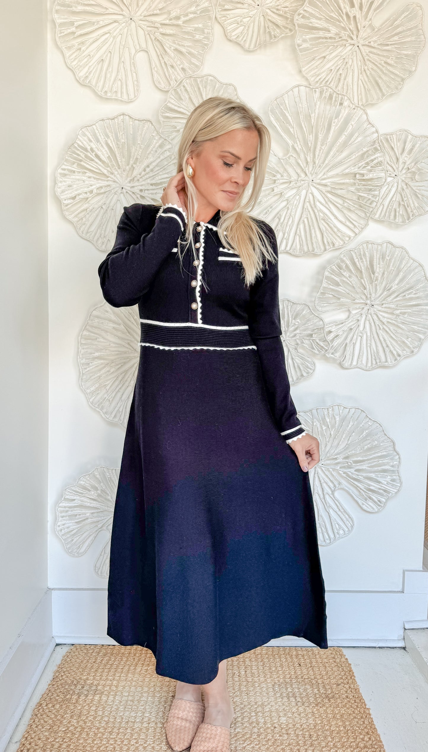 Black Ruffled Trim Swing Midi