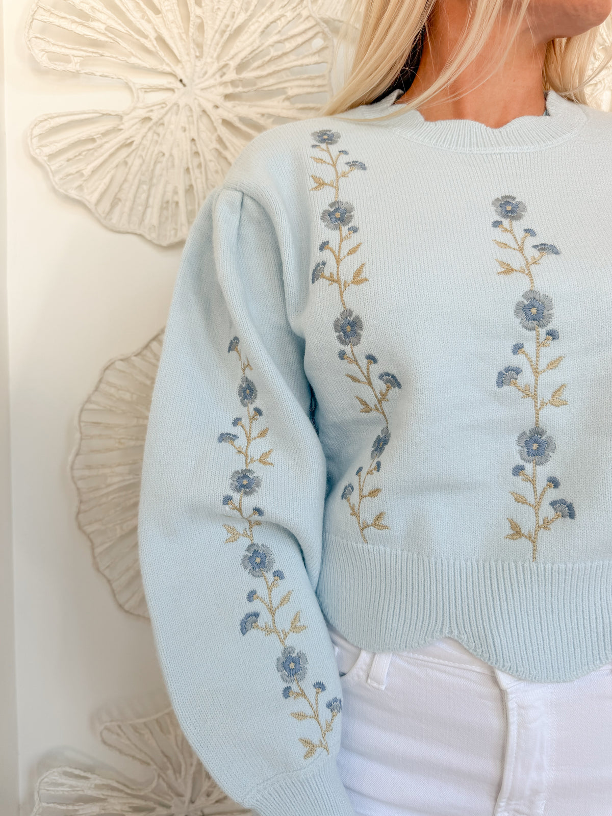 Blue Floral Embroidered Scallop Sweater