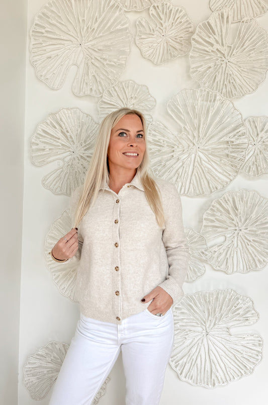 Oatmeal Collared Wool Blend Sweater Jacket