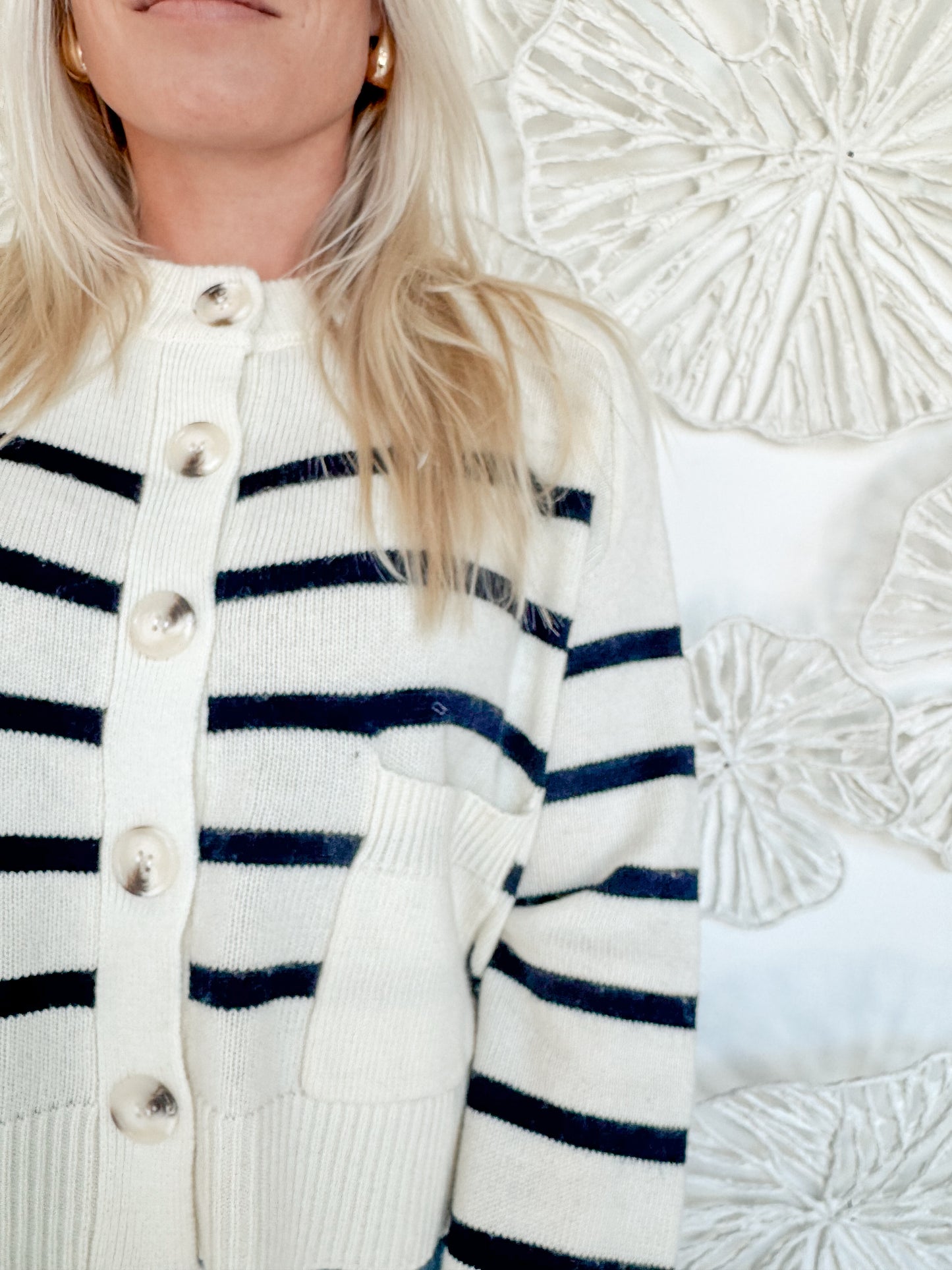 White/Navy Front Pocket Cardigan