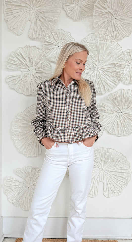 Brown Gingham Collared Peplum Blouse