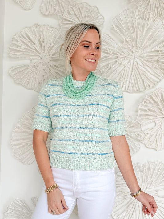 Blue Knit Short Sleeve Sweater