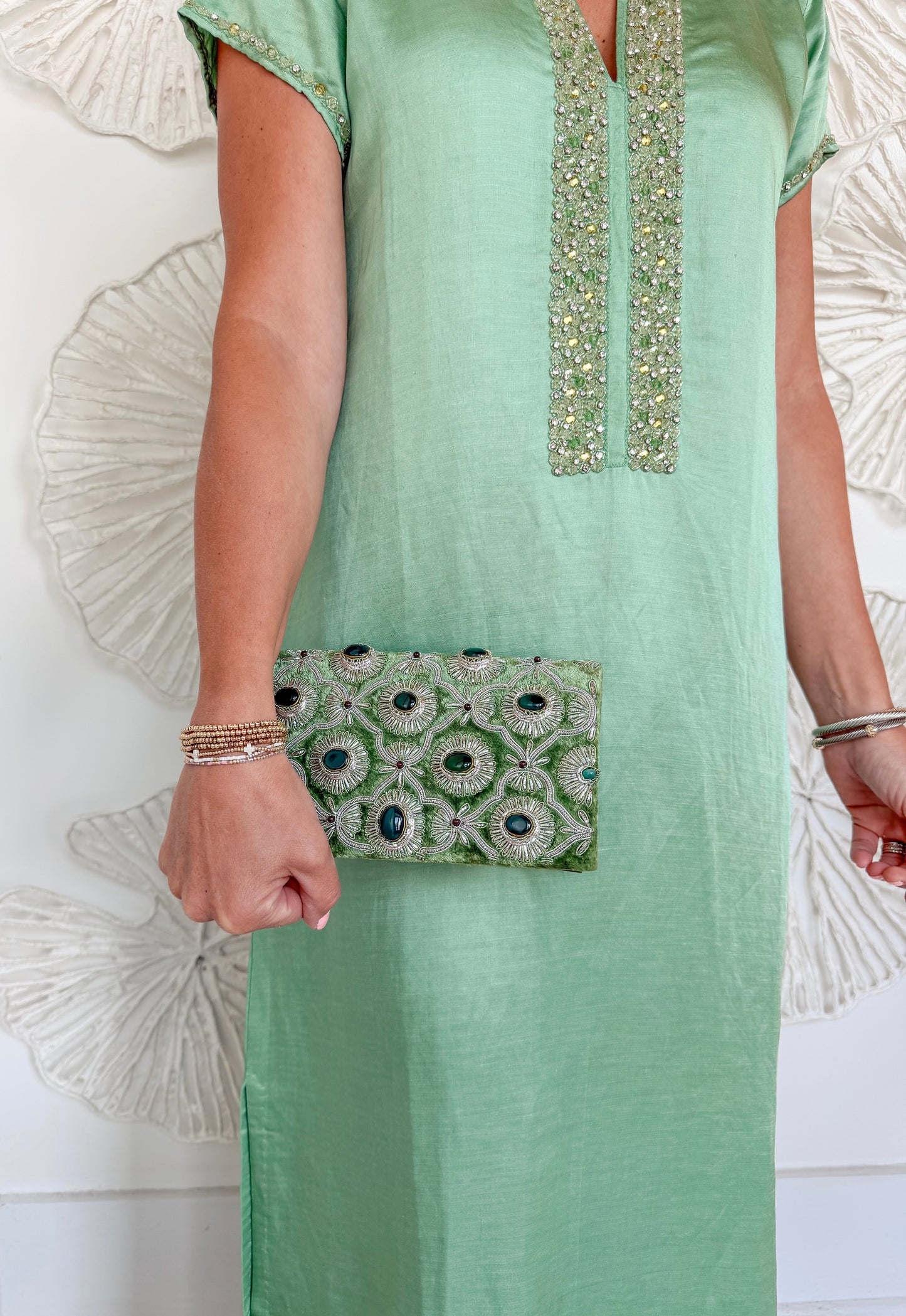 Green Hand Embroidered Designer Handbag with Silver