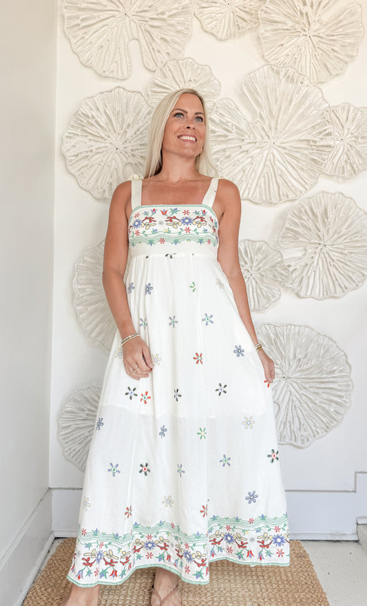Linen Colorful Floral Printed Embroidery Maxi