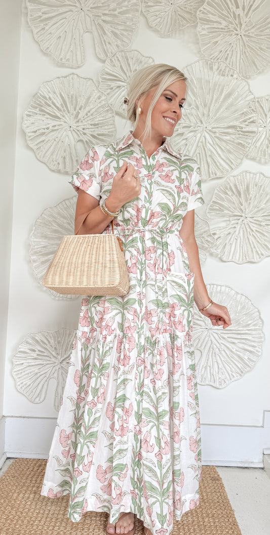 Pink/Green Floral Waist Tie Maxi