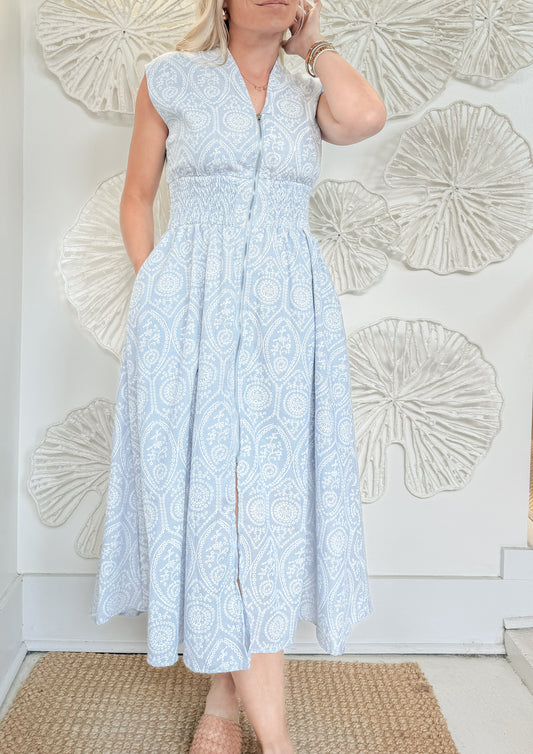 Blue Smocked Waist Midi