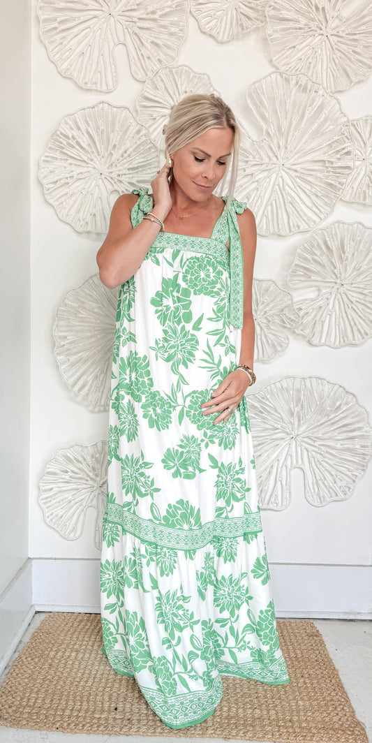 Green Floral Shoulder Tie Maxi