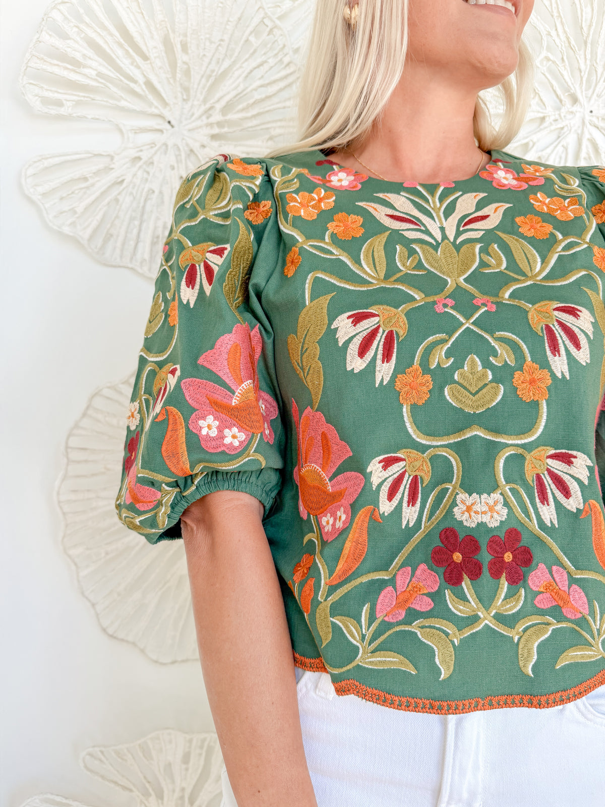 Green/Orange Floral Embroidery Blouse