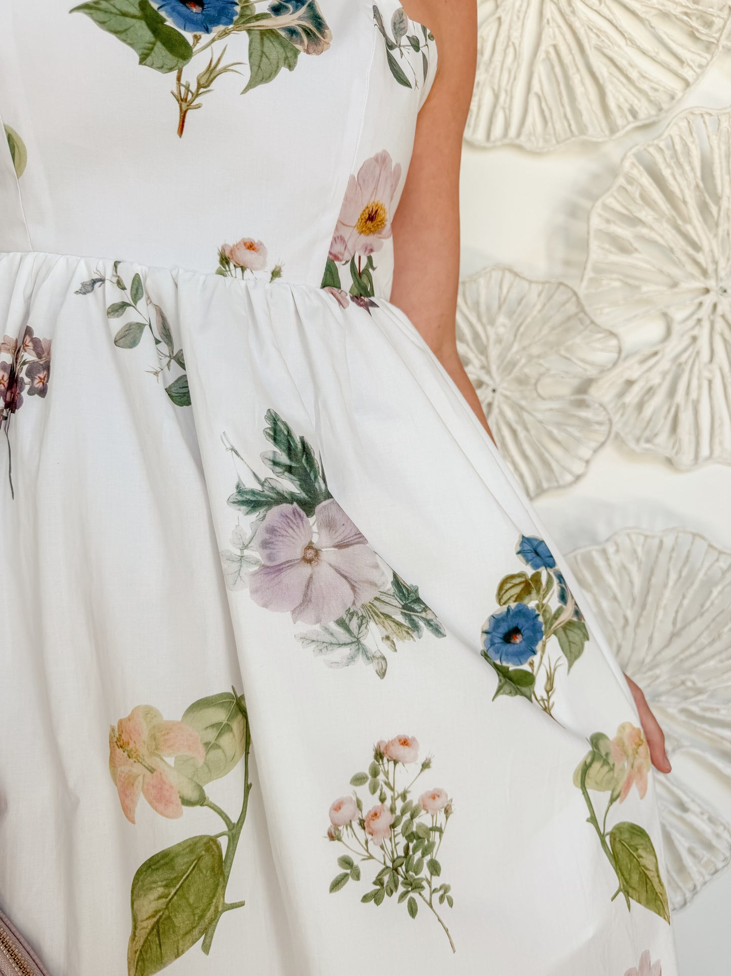 White Spring Floral Scalloped Midi