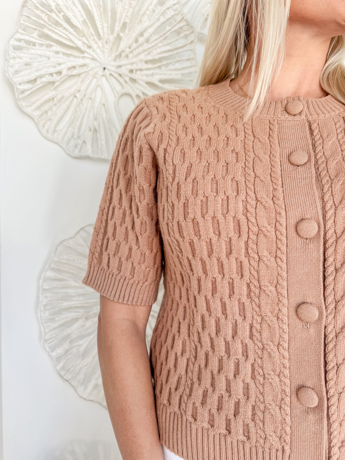 Taupe Knit Button Short Sleeve Sweater