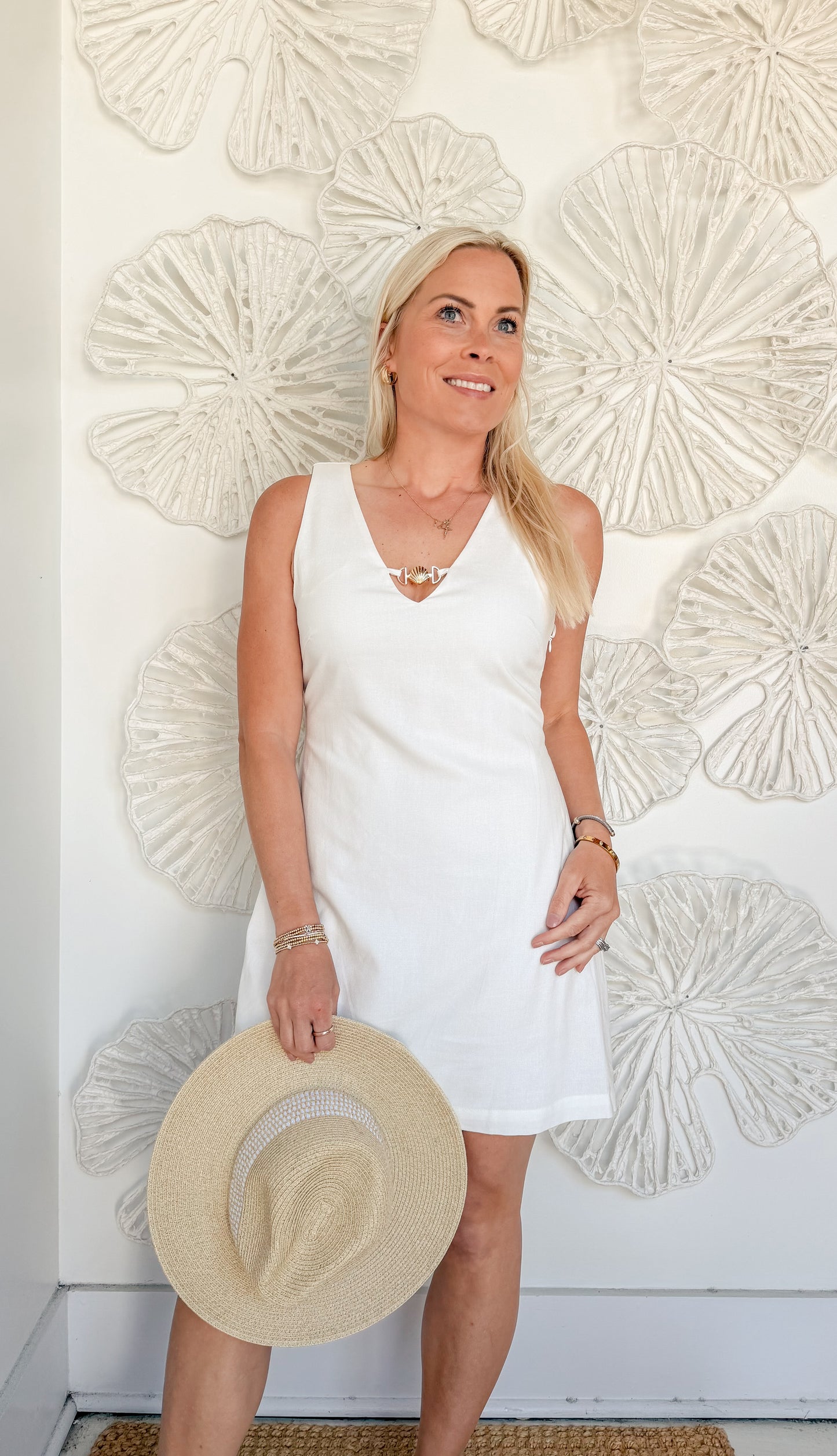 White Shell Jeweled Mini Dress