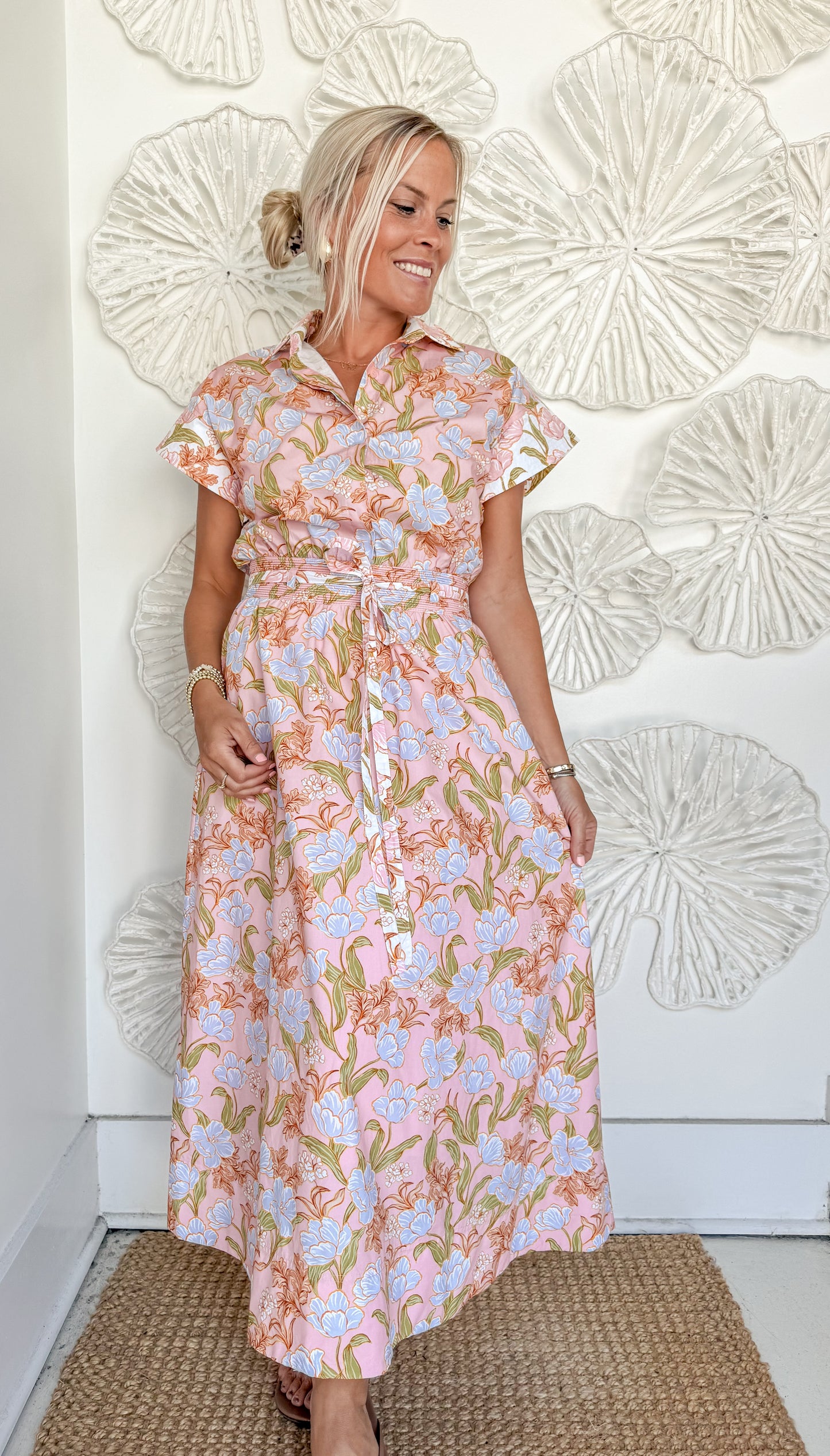Pink Floral Print Waist Tie MIDI