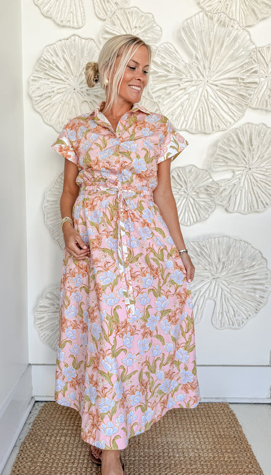 Pink Floral Print Waist Tie MIDI