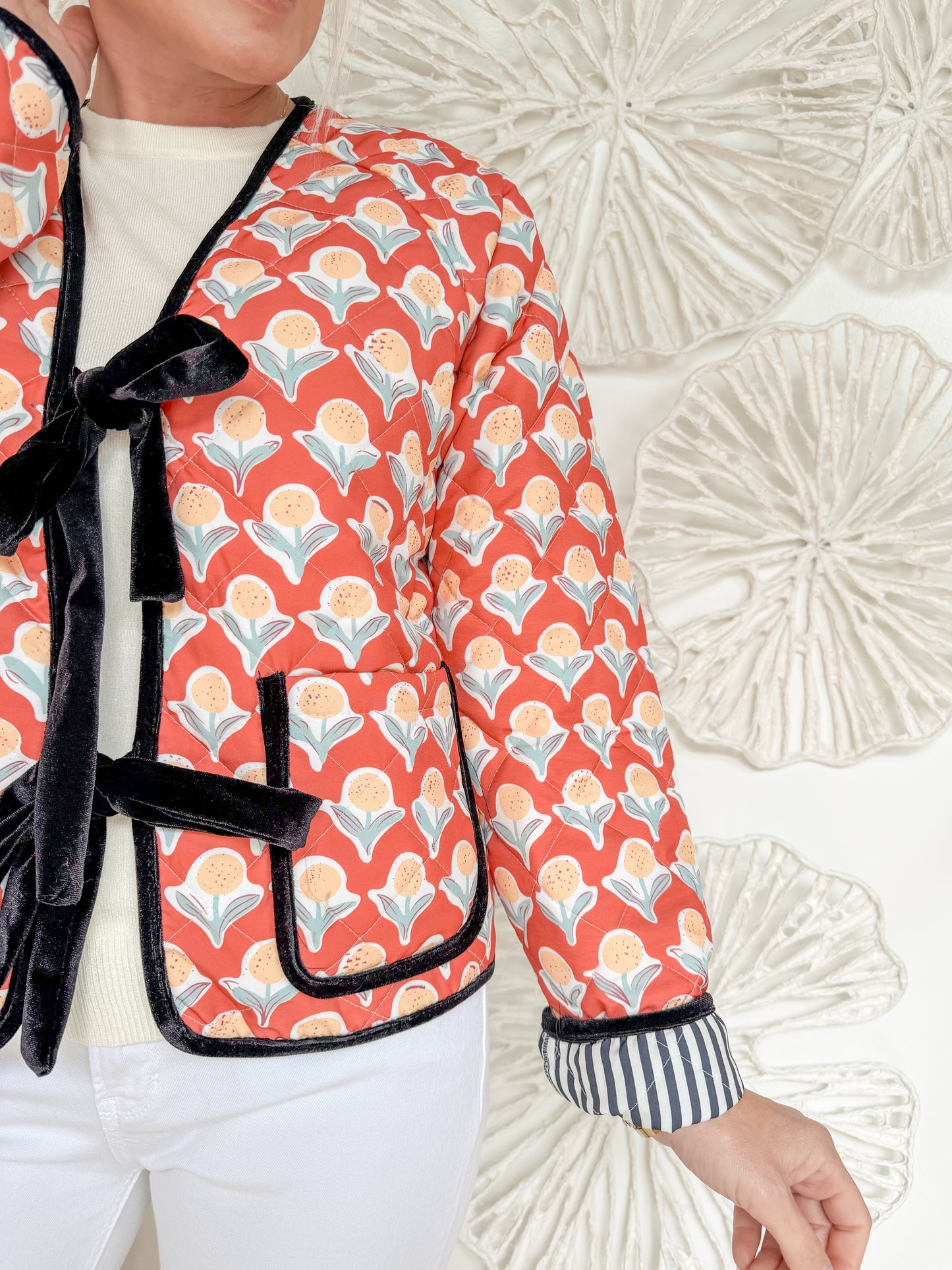 Orange Floral Print Quilted Jacket