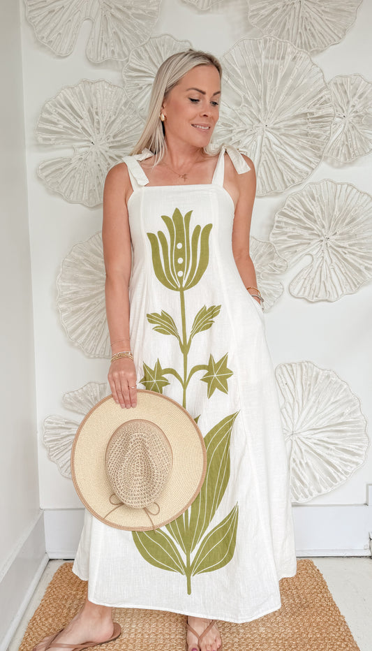 Green Botanical Print Shoulder Tie Maxi