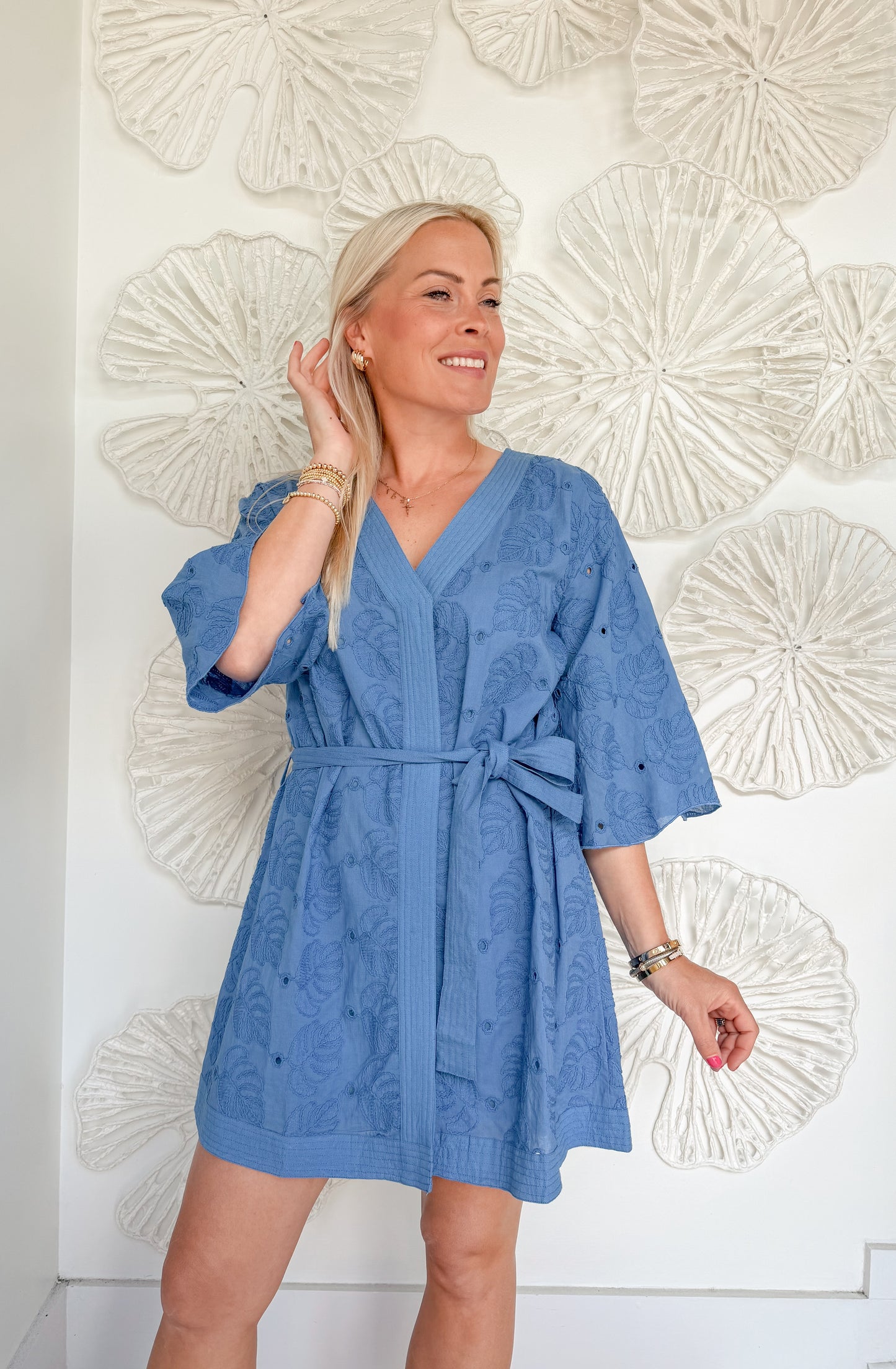 Blue Vneck Waist Tie Mini