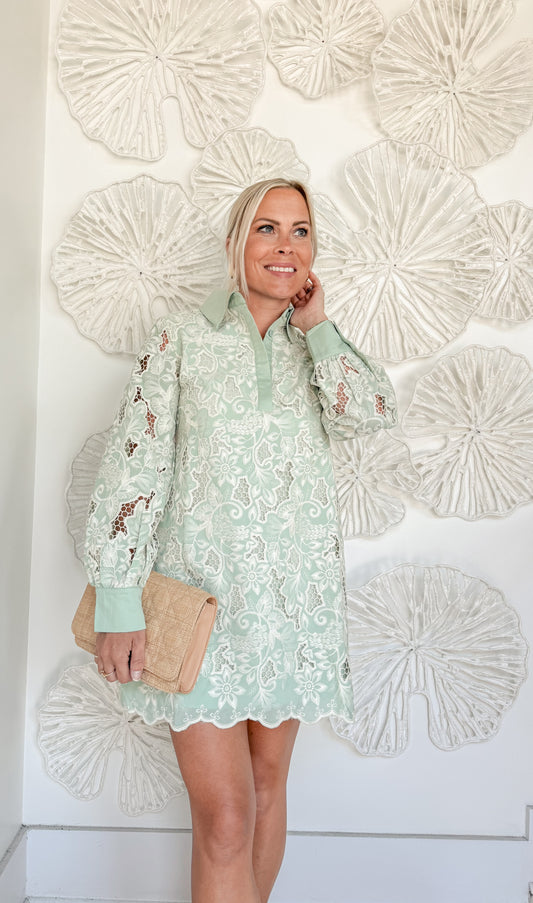 Green Eyelet Embroidered Collar Mini