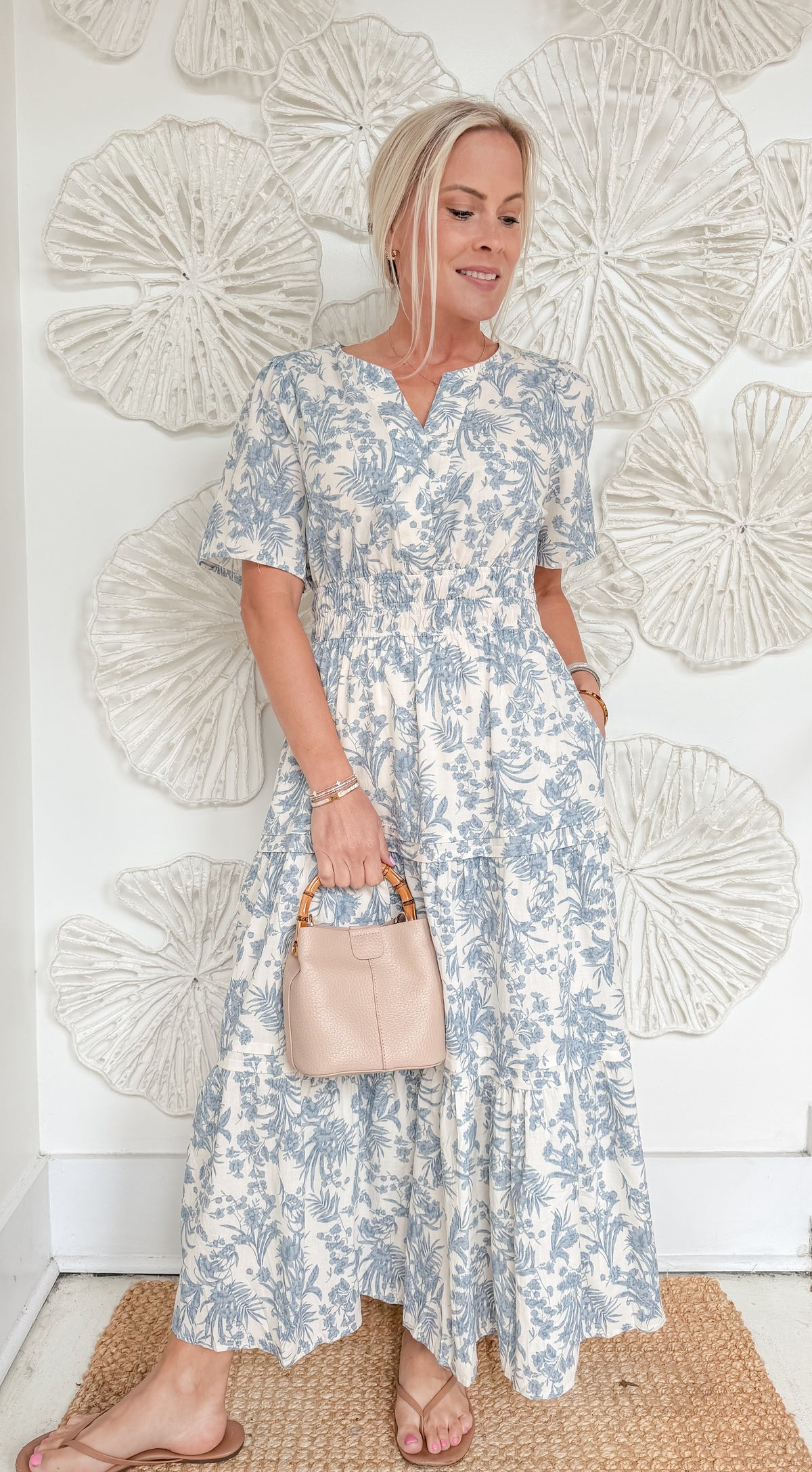 Blue Floral Printed VNeck Midi