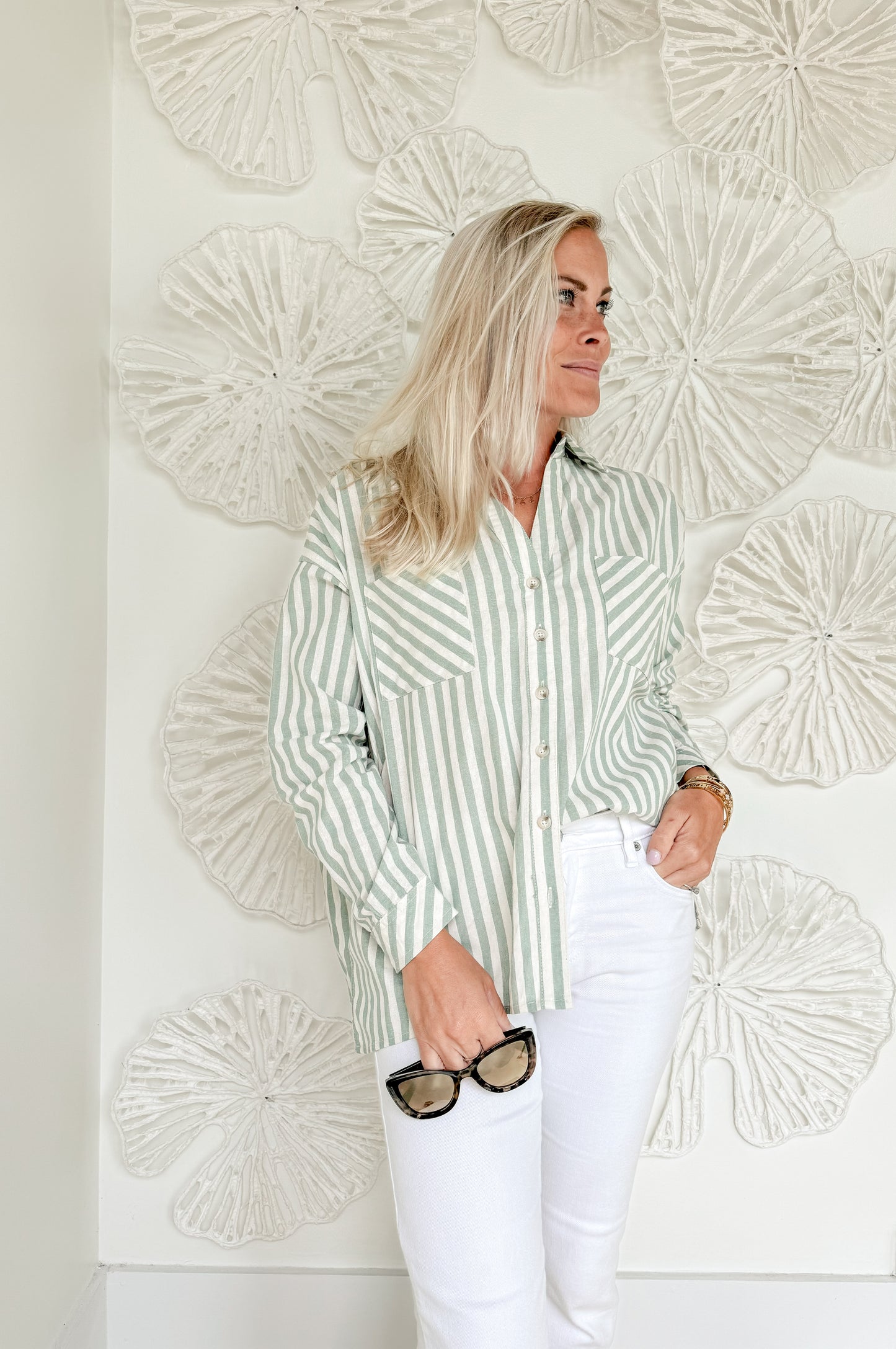 Sage Striped Button Up