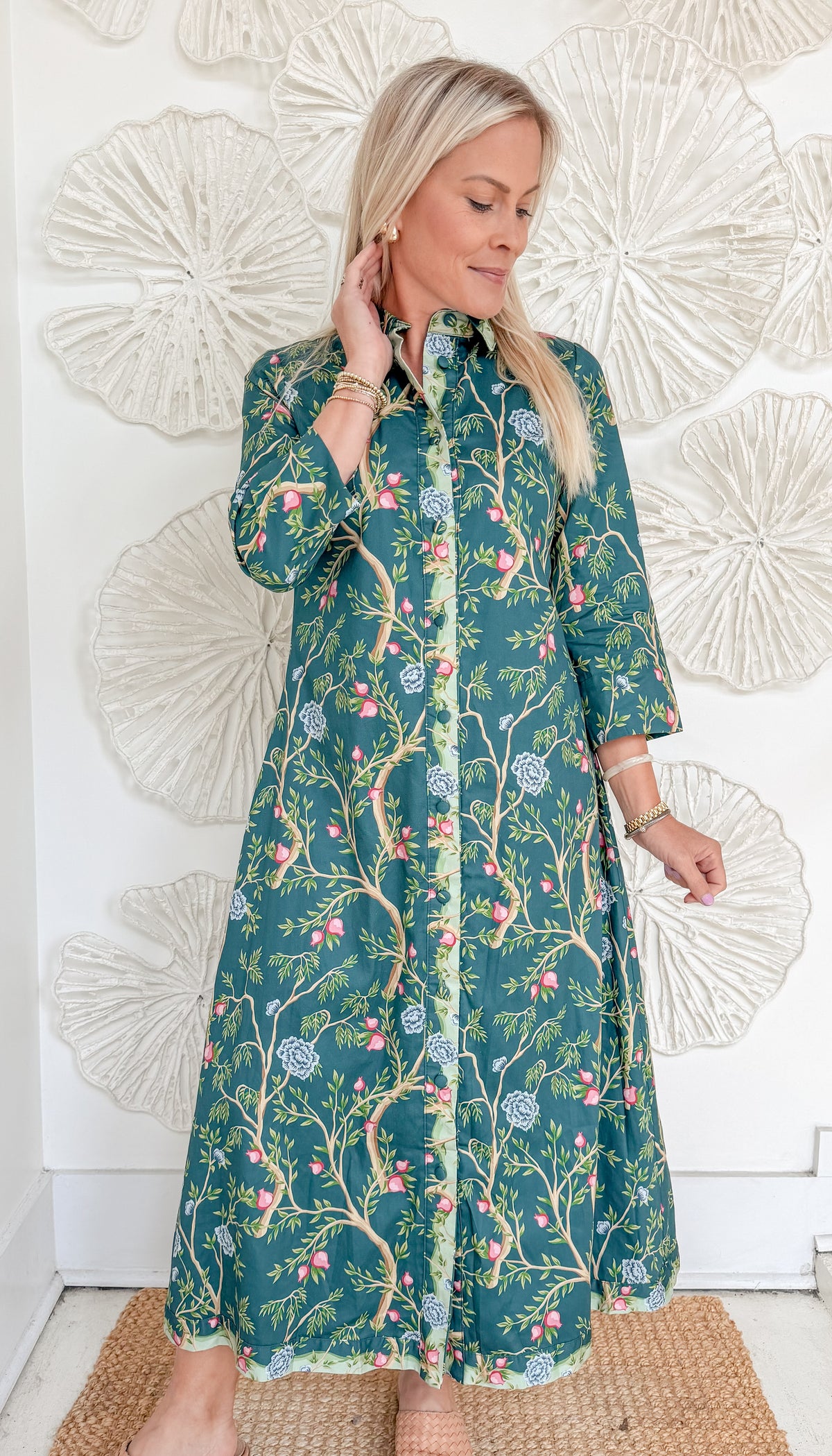 Green Branch Printed Collared Maxi