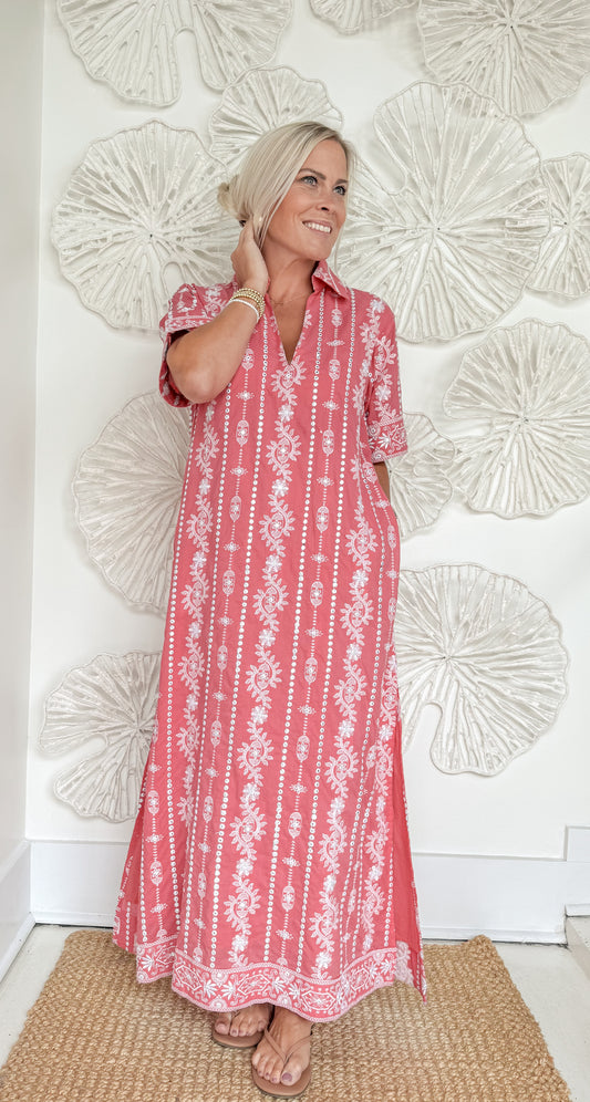 Pink Embroidery Collared Maxi