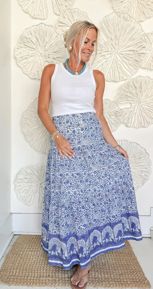 Blue Floral Tiered Maxi Skirt