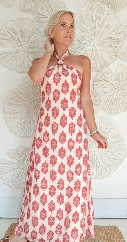 Fuschia Printed Halter Maxi
