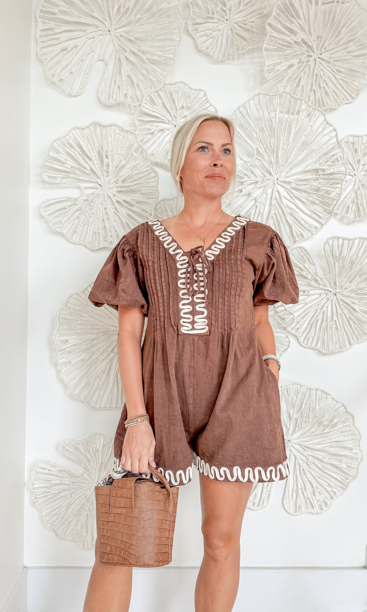 Brown Cream Trim Embroidered Romper