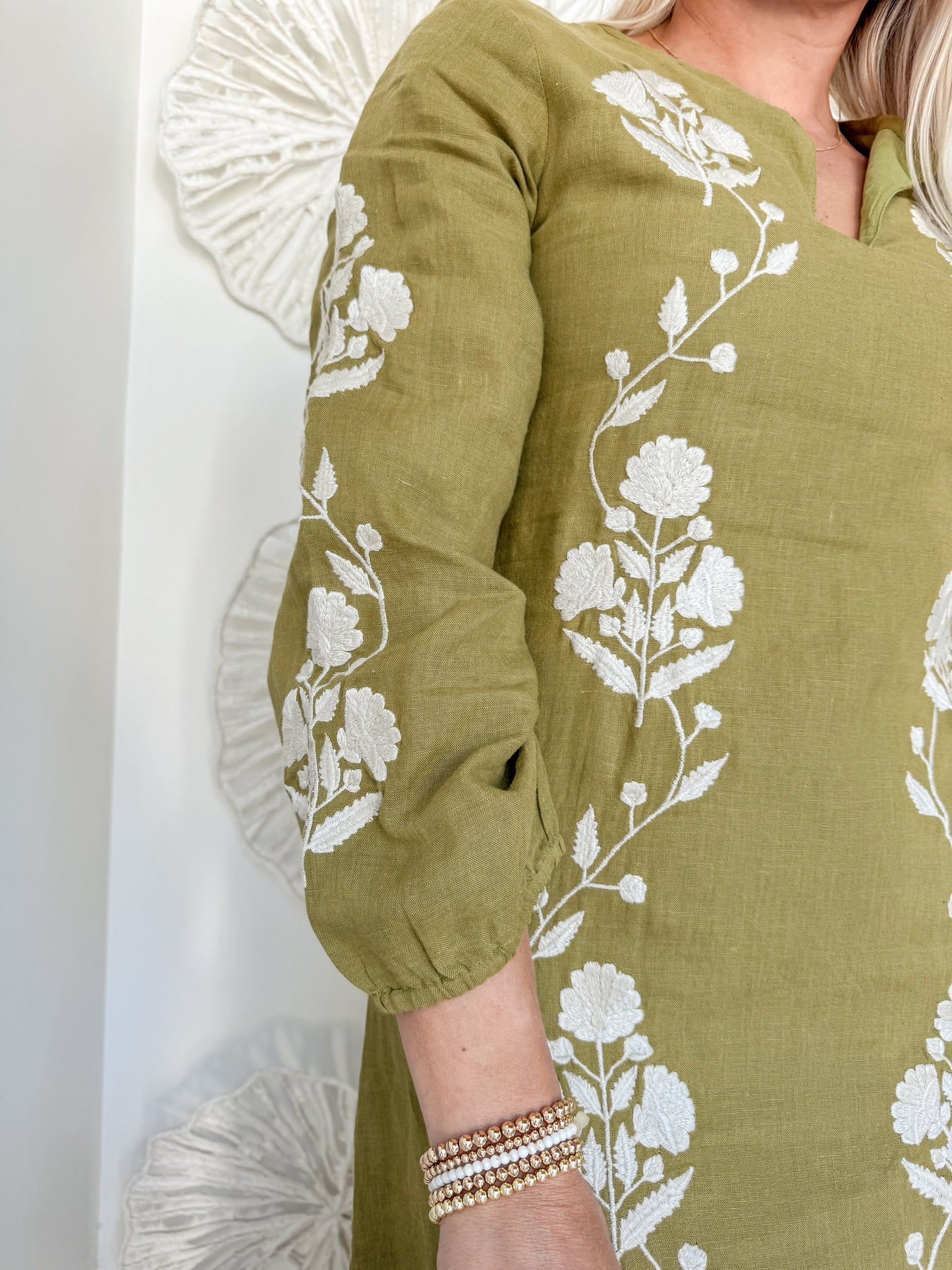 Olive Green Floral Embroidered Motif Long Sleeve Maxi