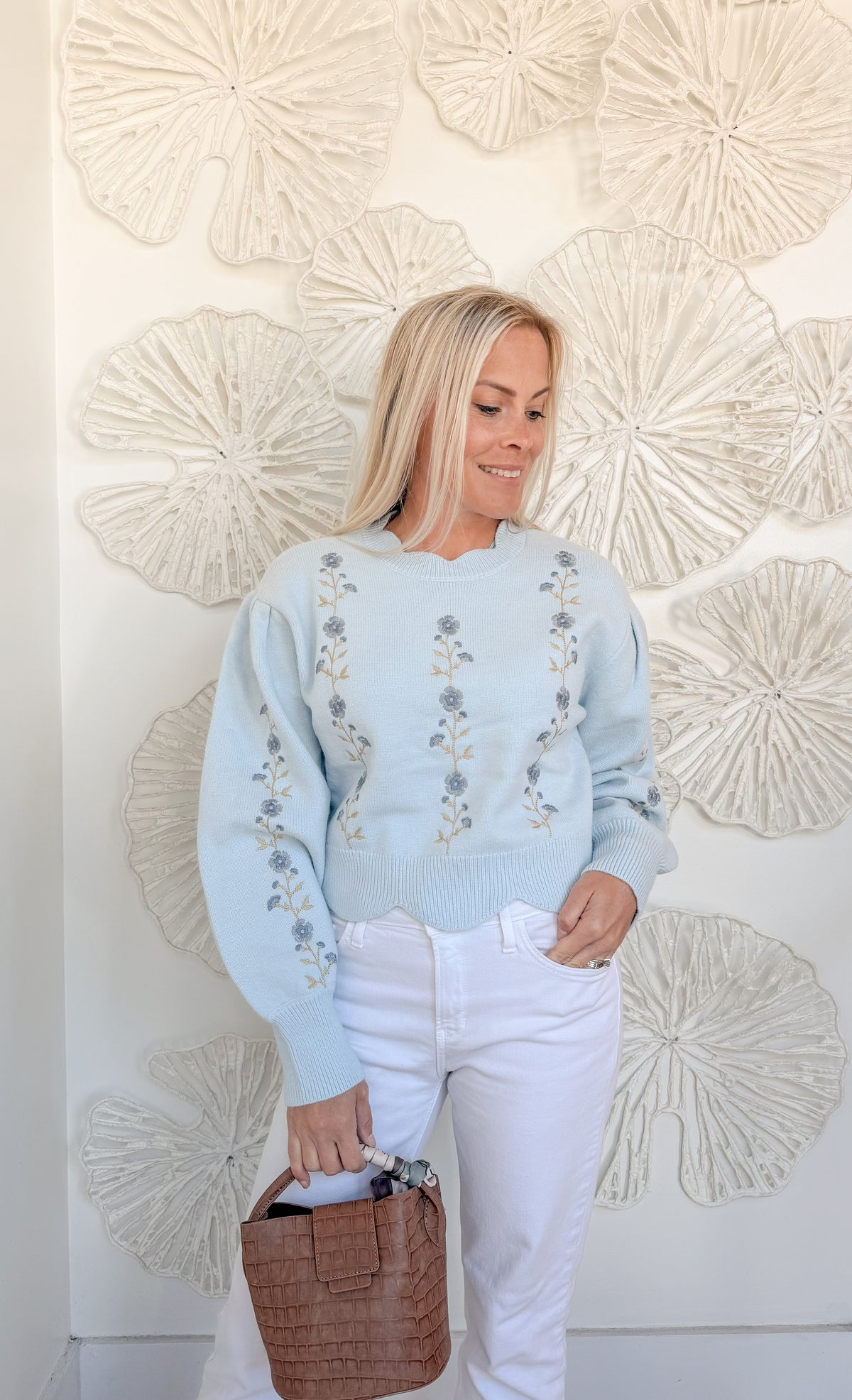 Blue Floral Embroidered Scallop Sweater