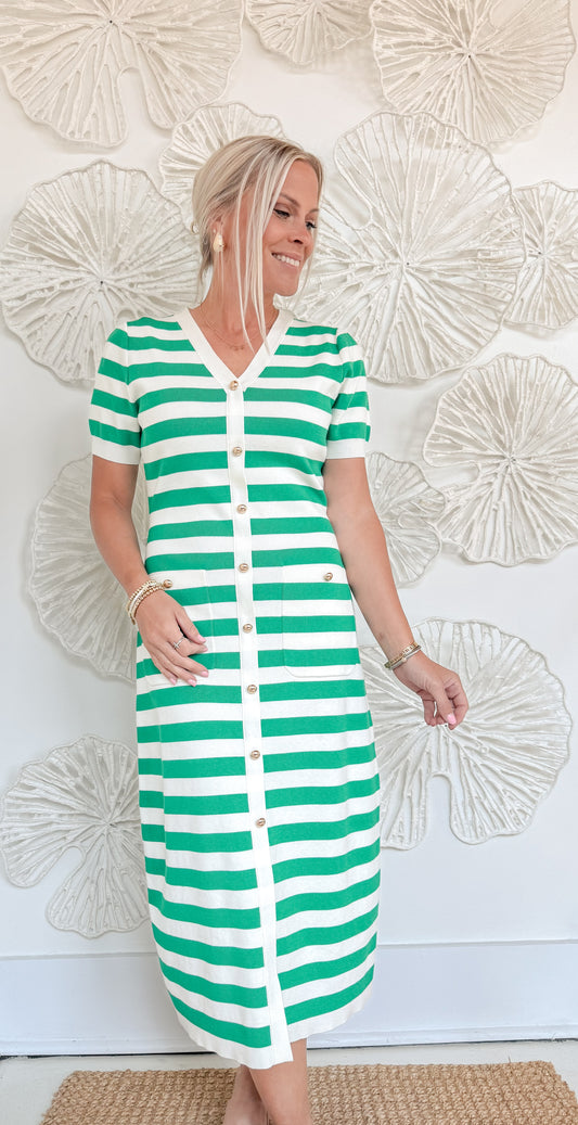 Green Striped Button Midi