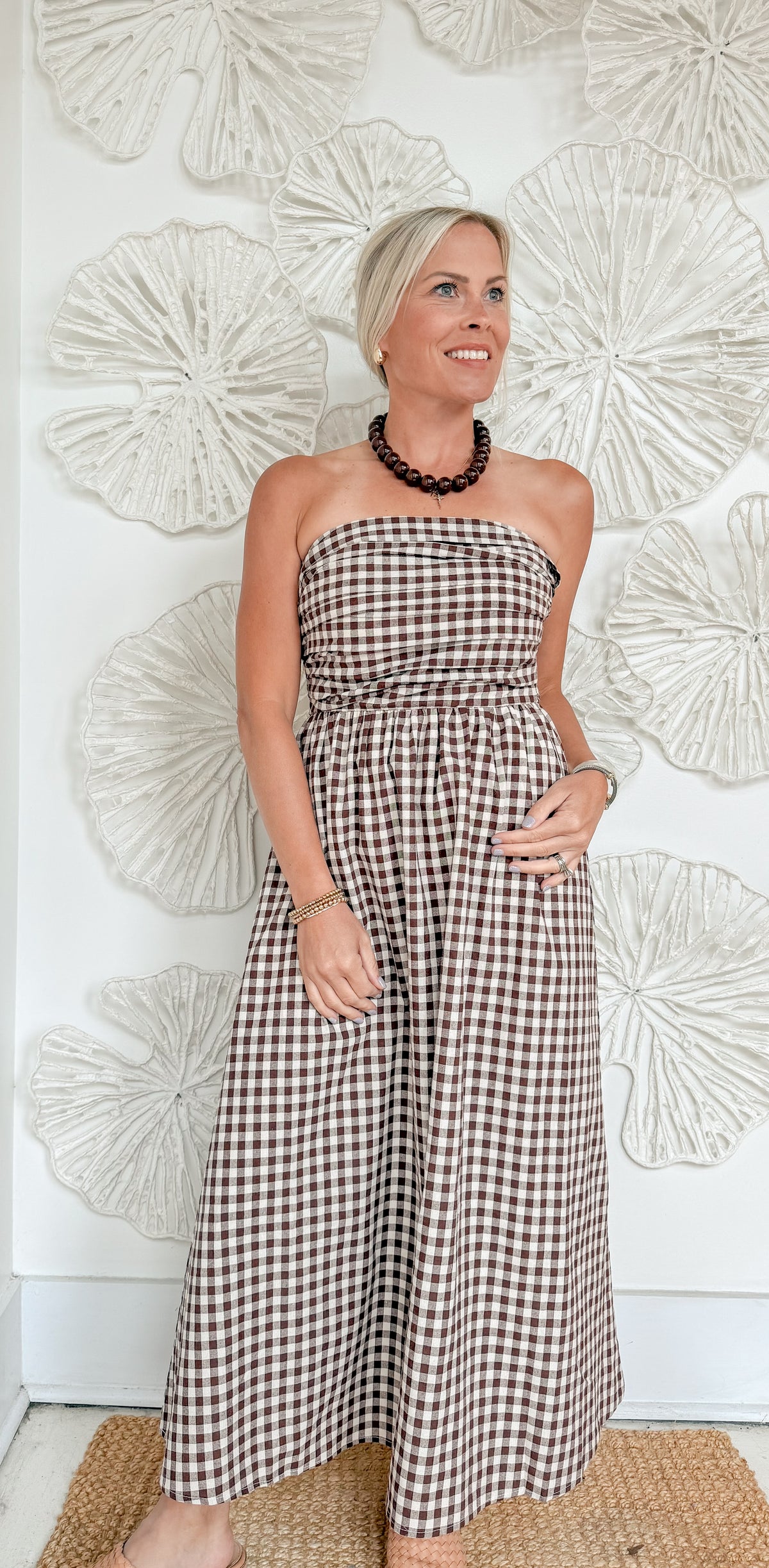 Brown Strapless Gingham Midi