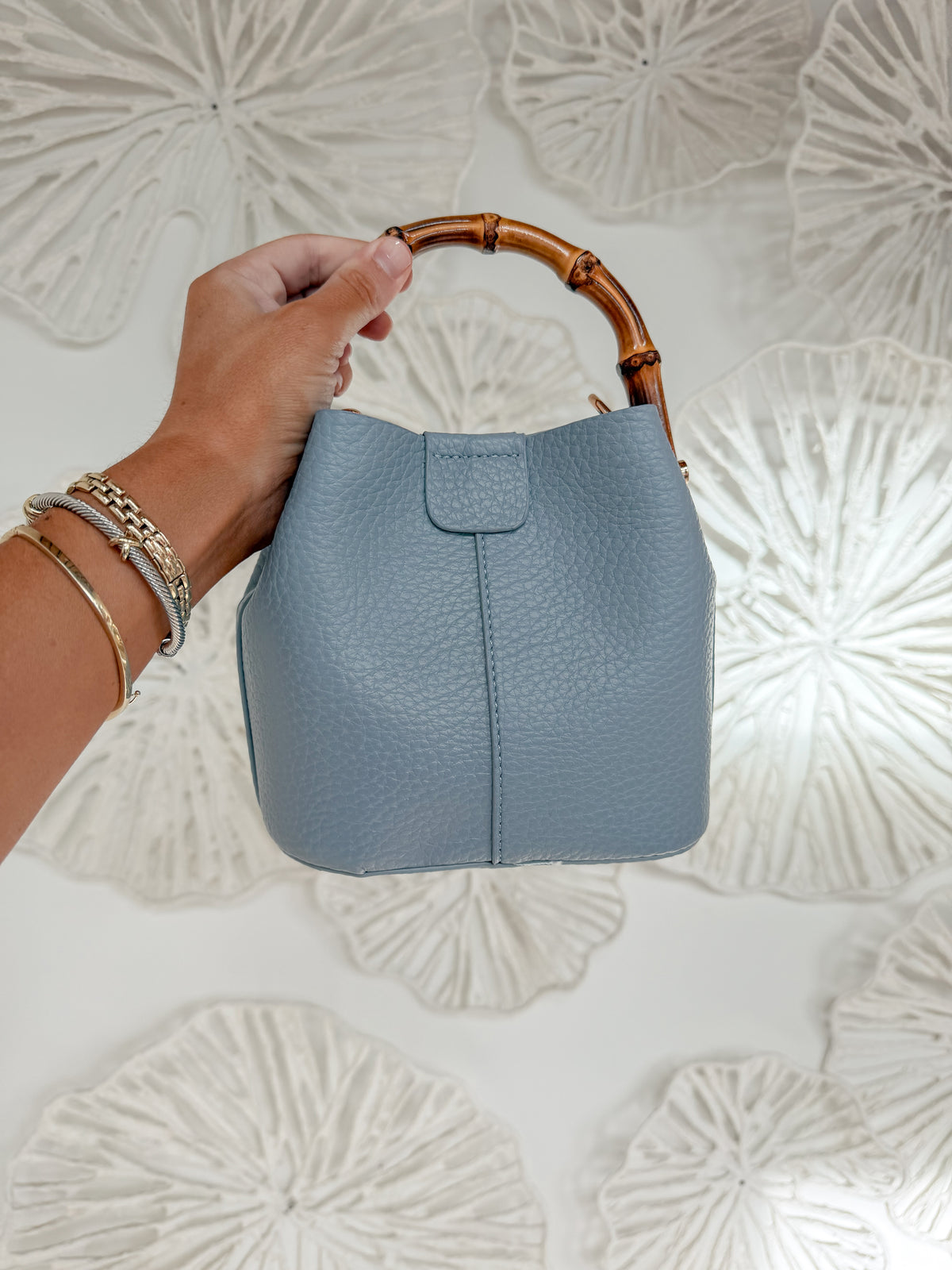 Small Blue Leather Bamboo Handle Bag