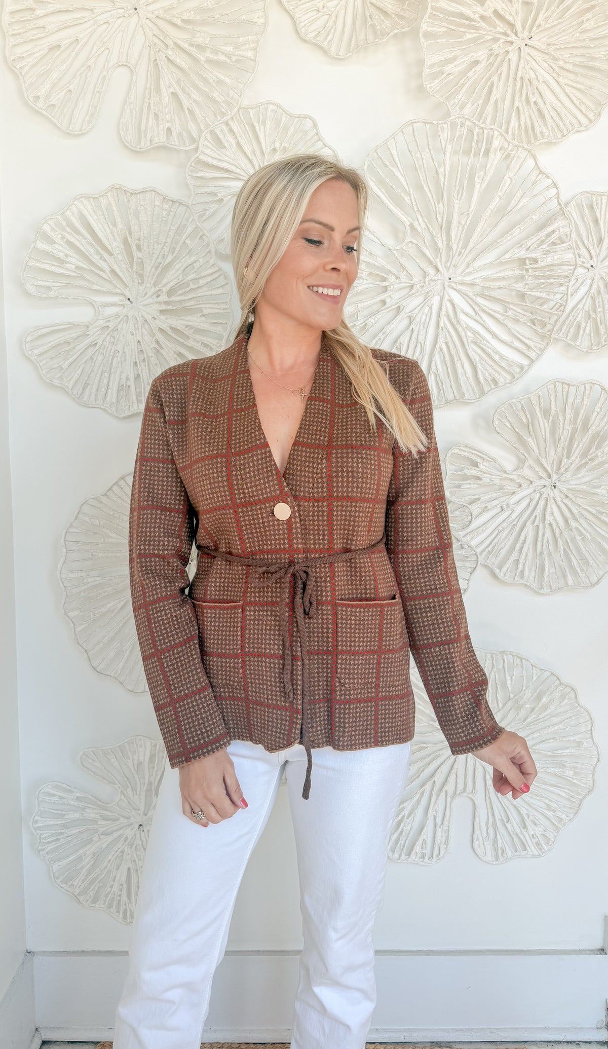 Walnut Red Plaid Belted Knit Blazer