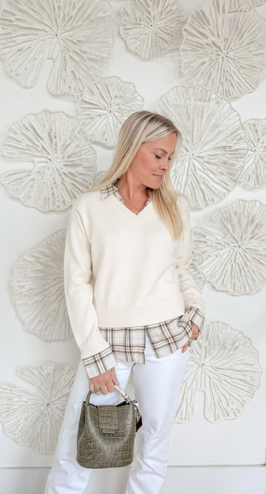 Cream Plaid Layered Sweater