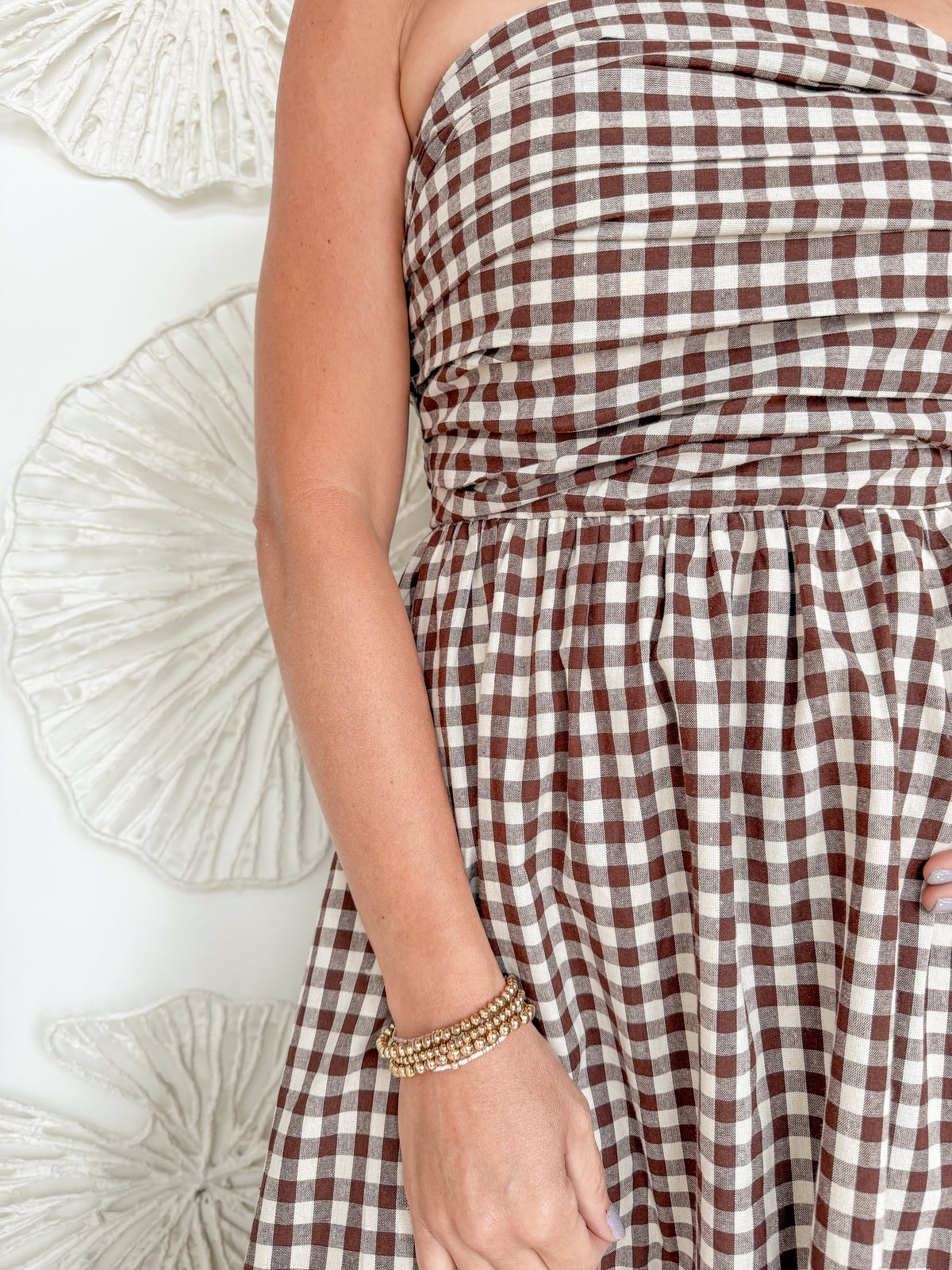 Brown Strapless Gingham Midi