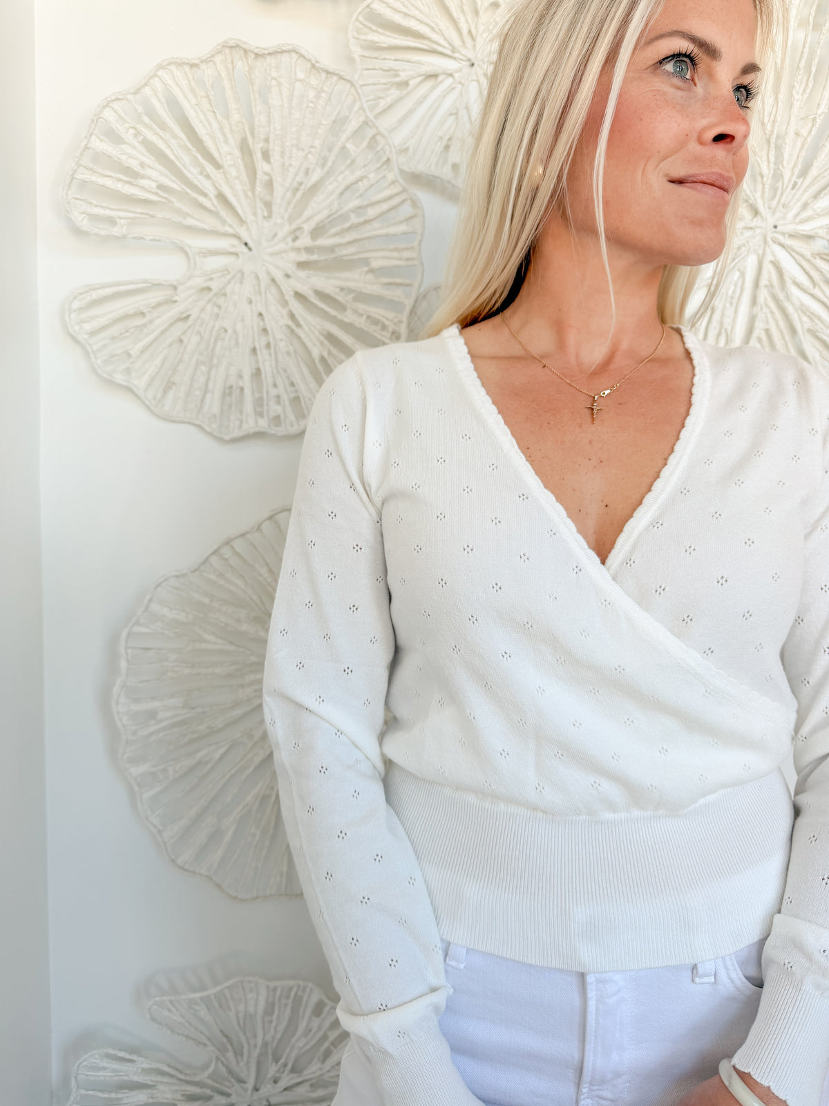 Off White Eyelette VNeck Sweater