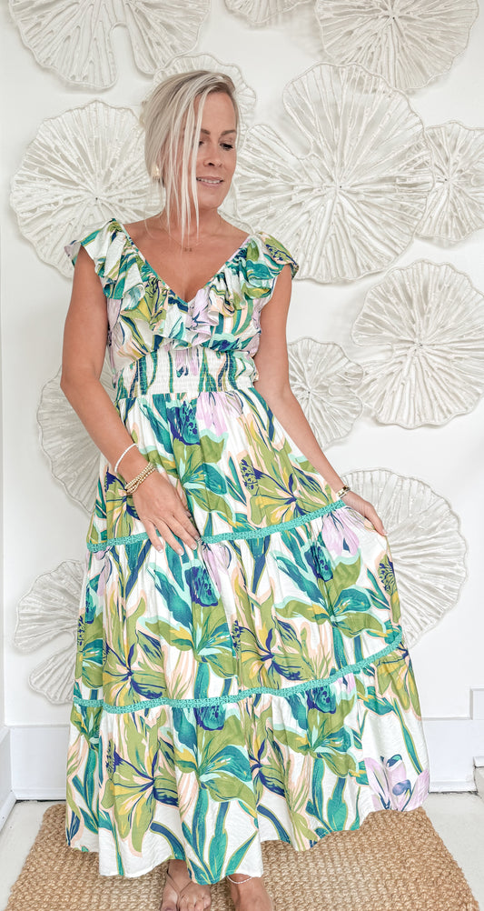 Teal Floral V Neck Midi