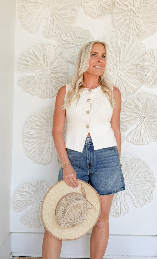 Cream Knit Vest with Shell Buttons