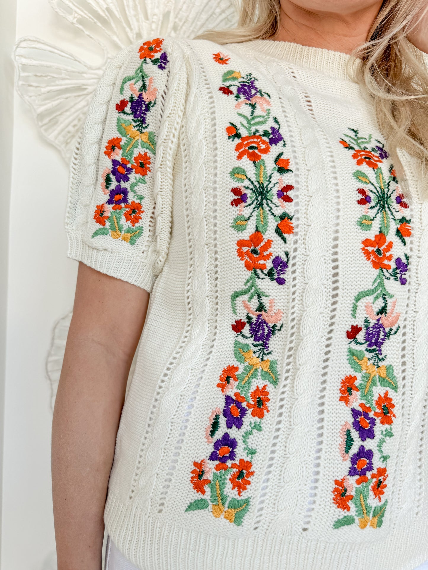 Cream Embroidered Floral Knit Sweater