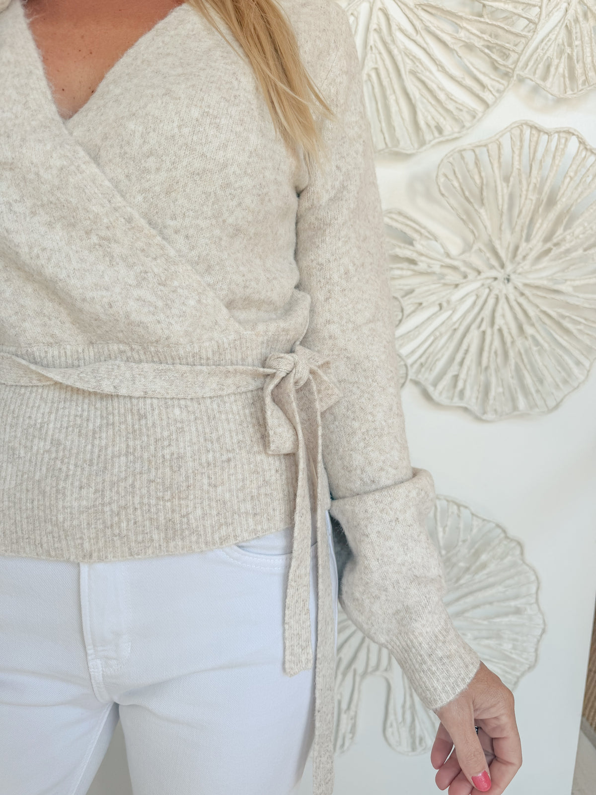Oatmeal Wrap Tie Sweater