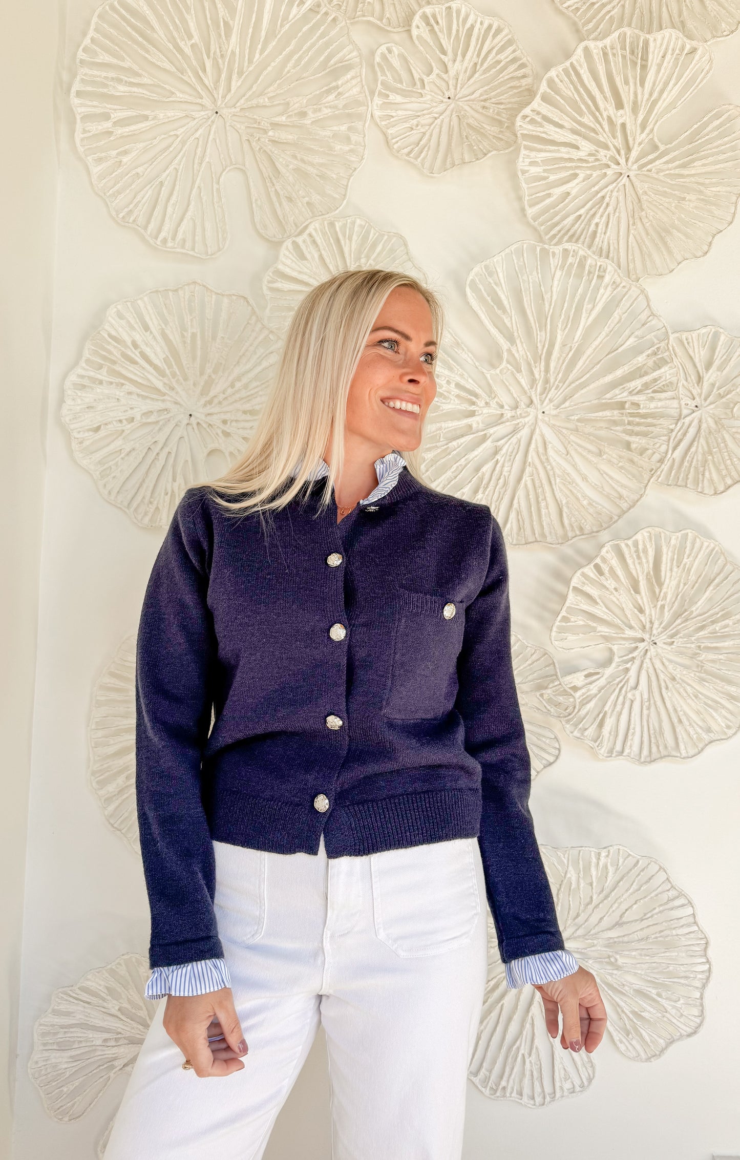 Navy Blue Button Sweater with Ruffle Collar